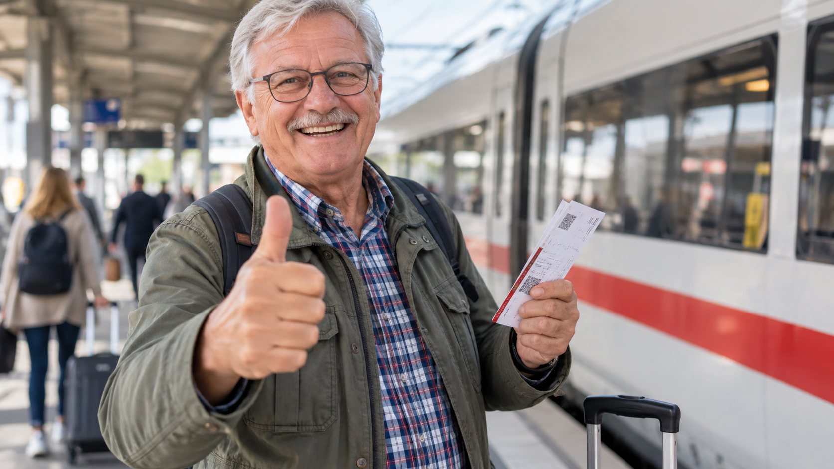 Älterer Reisender mit Ticket an einem Bahnhof