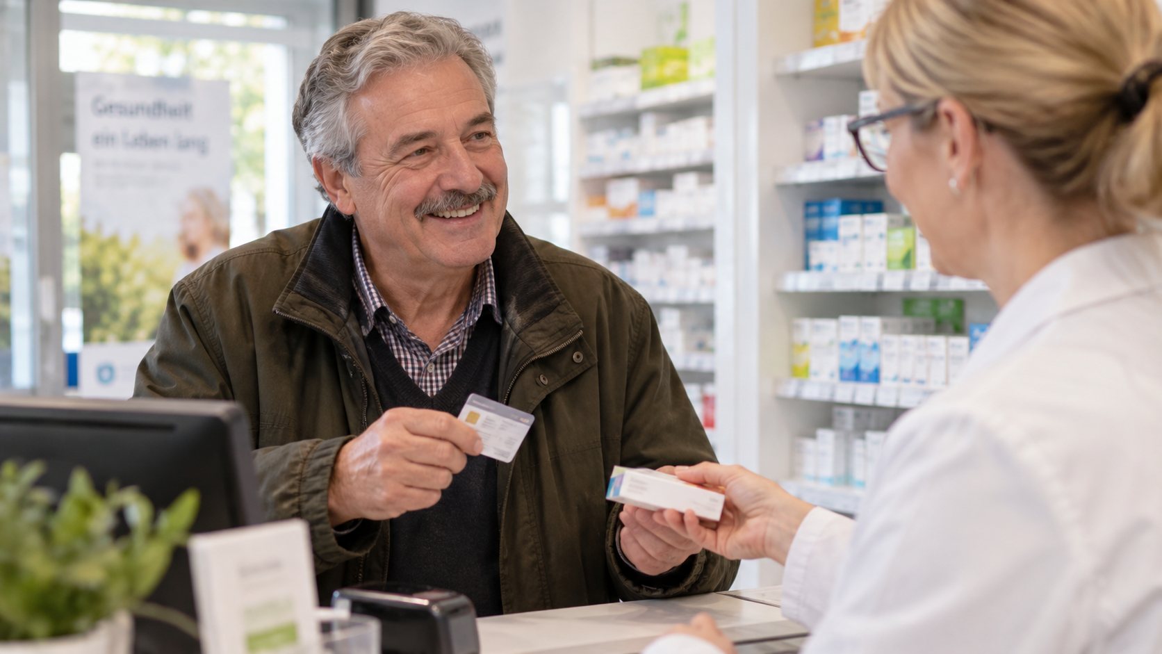 Älterer Kunde spricht in einer Apotheke über Gesundheitskosten