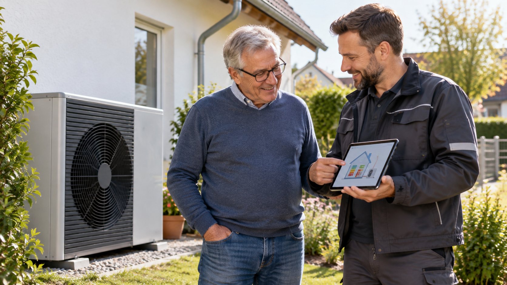 Hausbesitzer bespricht eine Wärmepumpe mit einem Energieberater