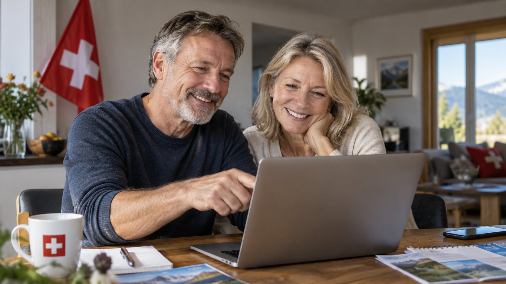 Paar in der Schweiz informiert sich gemeinsam am Laptop